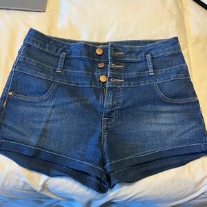 Refuge Blue Jean Shorts with Distressed Hem